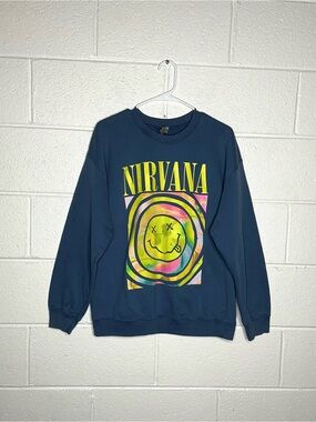< Nirvana Smiley Face Band Logo Crew Neck Sweatshirt Size Large >